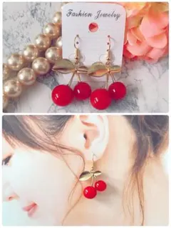 ハンドメイドピアス❤️大人可愛い❤️ゴールド系さくらんぼピアス❤️アンティーク　大ぶり