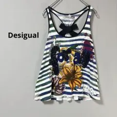 【Desigual】花柄×ストライプ タンクトップ Mサイズ 個性派デザイン