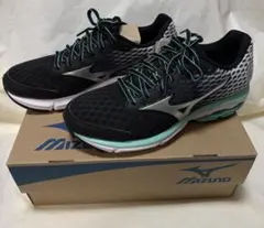 ミズノ ウェーブライダー 18 25cm ブラック グリーン ランニングシューズ