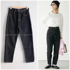 ブラックデニム ハイウエストセンタープレステーパードデニムパンツ XL