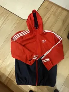 adidas フード付きナイロンジャケット 赤紺