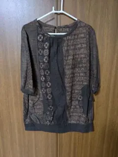 ブラウン系 花柄チュニック 五分袖