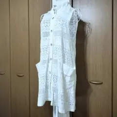 san M〜Lサイズ スタンドカラー ノースリーブ 総レース ロングジレ