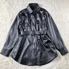 レザージャケット シャツコート オーバーサイズ ウエストベルト フェイクレザー