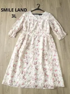 SMILELAND 花柄 フラワー 長袖 ロングワンピース ピンク 3L 2XL