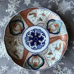 古伊万里　輪花金彩色絵7寸皿　吉祥文 N152-033m.jpg