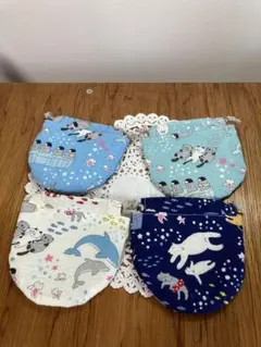 まんまるミニ巾着　4個セット　ねこマリン　ブルー　白　緑　青C92