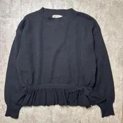 ウール100% ペプラムニット 裾フリル リボン 黒 M レトロ 古着