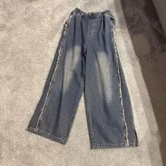 ダークデニム フリンジ付き ワイドパンツ