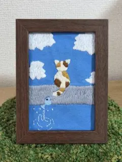 ハンドメイド　刺繍フレーム　猫　インテリア