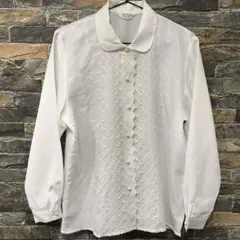 【美品】ホワイト　刺繍　長袖ブラウス　レトロ　11号