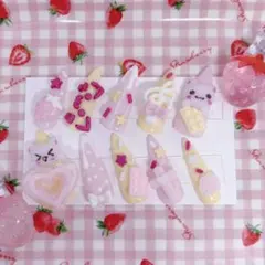 《現品》ネイルチップ ピンク オムライス 猫 量産型 地雷系 平成女児 いちご
