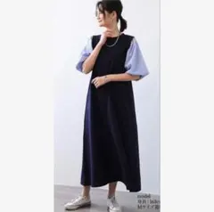 ワンピース　半袖　M パフスリーブ　ネイビー　紺　水色　ストライプ　夏