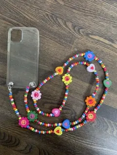 No.047 スマホショルダー　ウッドビーズストラップ　ニコちゃん　カラフル