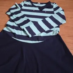 水色とネイビーのストライプ 長袖ワンピース　GU　140 女の子
