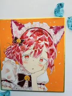 オリジナルイラスト 【猫耳水着メイド ソララ】手描き アナログ 色紙
