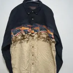 馬　アメリカの国旗　星条旗　砂漠　アニマル　長袖シャツ　海外古着　メンズL