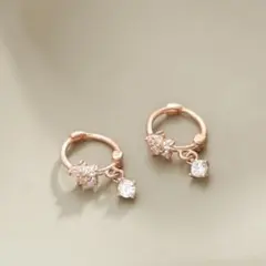 フラワー フープピアス S925刻印 ピンクゴールド CZ ダイヤ キャッチレス