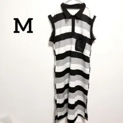 ストライプ ポロシャツスタイル ロングワンピース　M レース