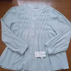 205 zero ライトブルー ノーカラー長袖 プリーツシャツ　Aライン