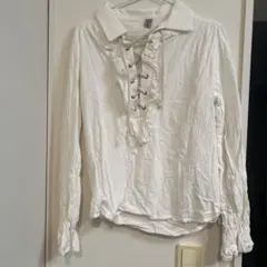 ホワイト フリル レースアップ 長袖シャツ 海賊風