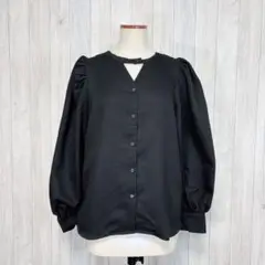 【GRL】長袖 パワーショルダーブラウス トップス 黒 きれいめデザイン F