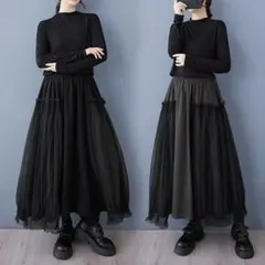 ハイウエスト ロングスカートI 異素材切替え 早い者勝ち 着痩せ オシャレ