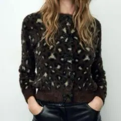 ZARA レオパード フェイクファー ニットジャケット