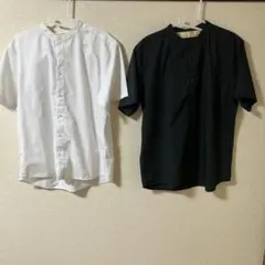 ナノユニバース　スタンドカラーシャツ半袖　Mサイズ　ホワイト・ネイビーセット