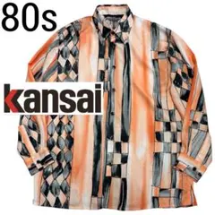 80s KANSAI カンサイ 総柄 ポリシャツ 幾何学模様 サイドスリット Fのサムネイル