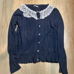 axes femme レース襟 ネイビー ニットカーディガン