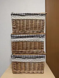 【かわいい収納に♪】フタ付きバスケット Mサイズ 3個セット 煮柳 チェック柄