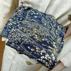 長尺大人の兵児帯ハンドメイド澪No2595着物リメイク正絹ネイビー 植物柄