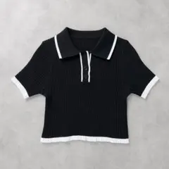 DoulaDoula ポロニット 半袖 チビT ブラック M相当 韓国 Y2Kのサムネイル