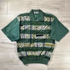 90s風 総柄 ニットポロシャツ グリーン M レトロ ヴィンテージ 古着