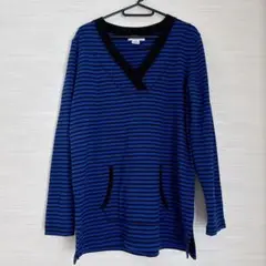 LIS claiborne 青と黒のストライプ Vネック長袖トップス
