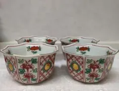 ★たち吉 花柄 赤絵 金彩 八角小鉢 4客セット