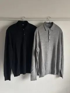 【UNIQLO】2枚セットエクストラファインメリノニットポロシャツLグレー黒