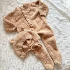 【1回着用】くま耳ボンネット&ロンパース 80cm ベージュ 防寒