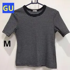 GU ジーユー　リブT(半袖) ボーダー　M ブラック