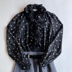 used レトロ 黒 花柄 フリルブラウス 古着 ヴィンテージ vintage