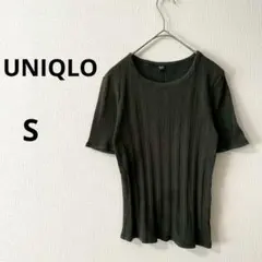 ユニクロ ▶ リブTシャツ S 深緑 綿混 クルーネック カジュアル 細身