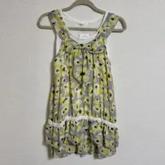 【新品未使用】花柄 イエロー グレー ミニワンピース チュニック リボン フレア