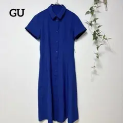 GU ジーユー リネン風 シャツワンピース 半袖 ブルー 青XSロングワンピース