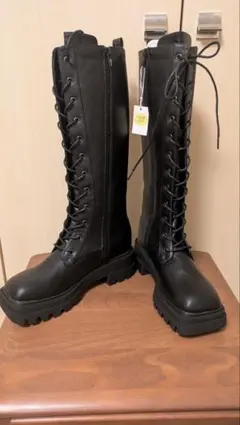新品未使用★レースアップロングブーツブラック黒★22.5★byあしながおじさん