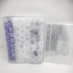 紫パープル A7 リボン柄 シール帳 シールバインダー リフィル付 クリアカバー