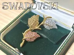 スワロフスキー ゴールド ラインストーン￼￼ ピンク リーフ ブローチ