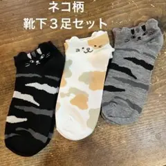 【新品】ネコ柄　耳付きソックス　抗菌防臭　三毛猫　トラ猫　猫　ねこ　３足セット②