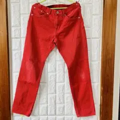GU メンズ ジーンズ レッド 赤 デニム ストレート 76cm 綿100%