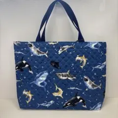 【訳あり】レッスンバッグ　魚柄　ネイビー　男の子　お稽古バッグ　サメ柄